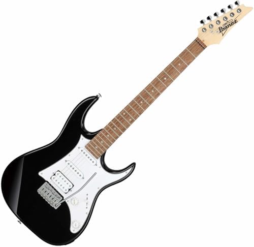 Guitarra elétrica Ibanez Gio GRX40 preta com captadores Single Coil e Humbucker vista em ângulo oblíquo