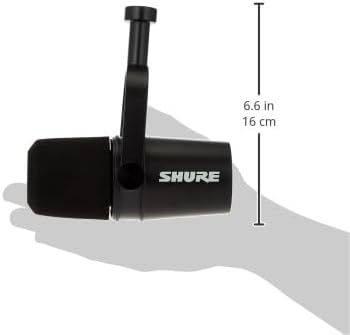 Microfone Shure MV7X com indicação de altura 16 cm mostrando proporção de tamanho