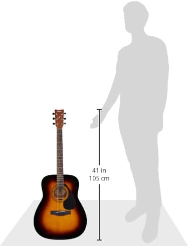 Comparação de tamanho da guitarra Yamaha F310 com silhueta humana mostrando altura de 105 cm