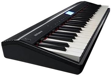 Teclado Roland GO:Piano GO-61P visto lateralmente, portátil com display digital azul