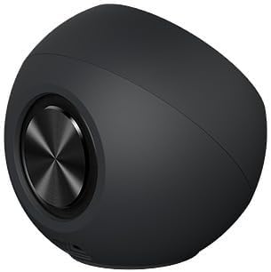 Parte traseira da caixa de som Creative Labs Pebble V2 preta com saída de som circular