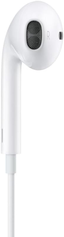 Close-up fone Apple EarPods branco direito com malha protetora e design ergonômico