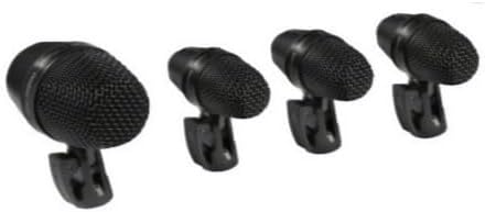 Quatro microfones dinâmicos pretos para bateria Shure PGA DrumKit7 com suportes