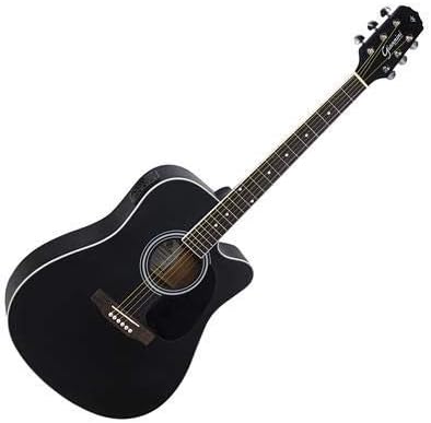 Violão eletroacústico Giannini GDC-1 CEQ preto satin visto de lado com corpo dreadnought e cutaway