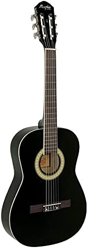 Violão infantil Tagima Memphis AC34 preto com cordas de nylon, vista frontal com detalhamento da cabeça e braço
