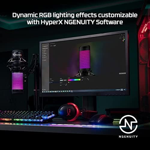 Microfone HyperX QuadCast S com iluminação RGB personalizável via software HyperX NGENUITY em setup gamer.