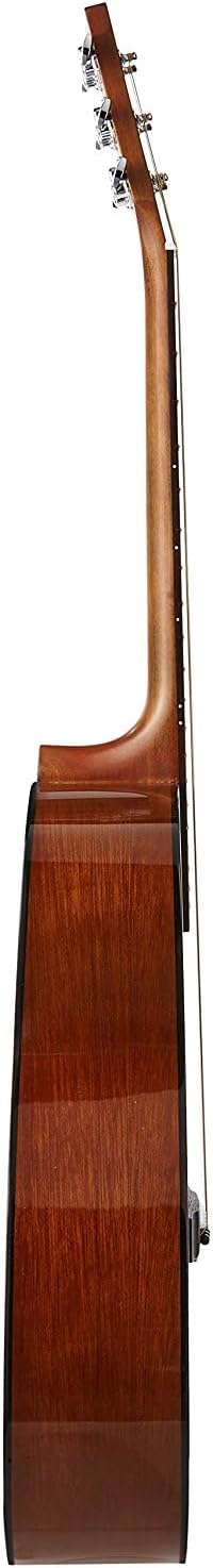 Vista lateral da guitarra acústica Yamaha F310 mostrando corpo e braço em madeira marrom com acabamento brilhante