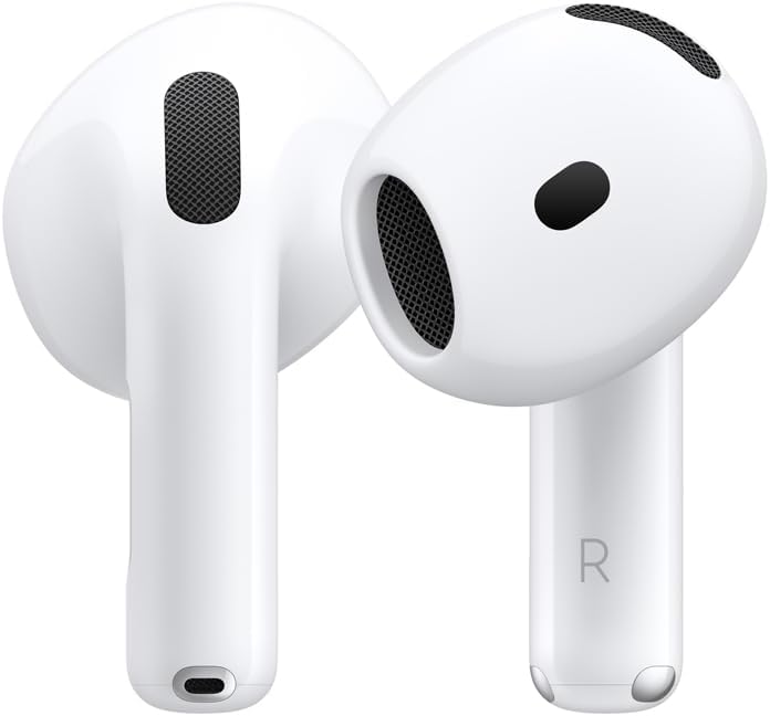 Apple AirPods 4 fones intra-auriculares brancos com Bluetooth e resistência IP54, close-up frontal.