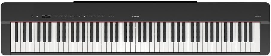 Piano digital Yamaha P-225B preto com 88 teclas sensíveis e botões de controle na parte superior