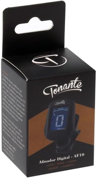 Embalagem do afinador digital cromático Tonante AF10 preta com logo e imagem do produto.