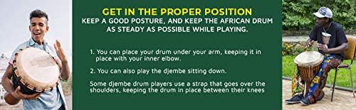 Instruções para manter a posição correta ao tocar tambor africano Djembe, com imagens de pessoas tocando