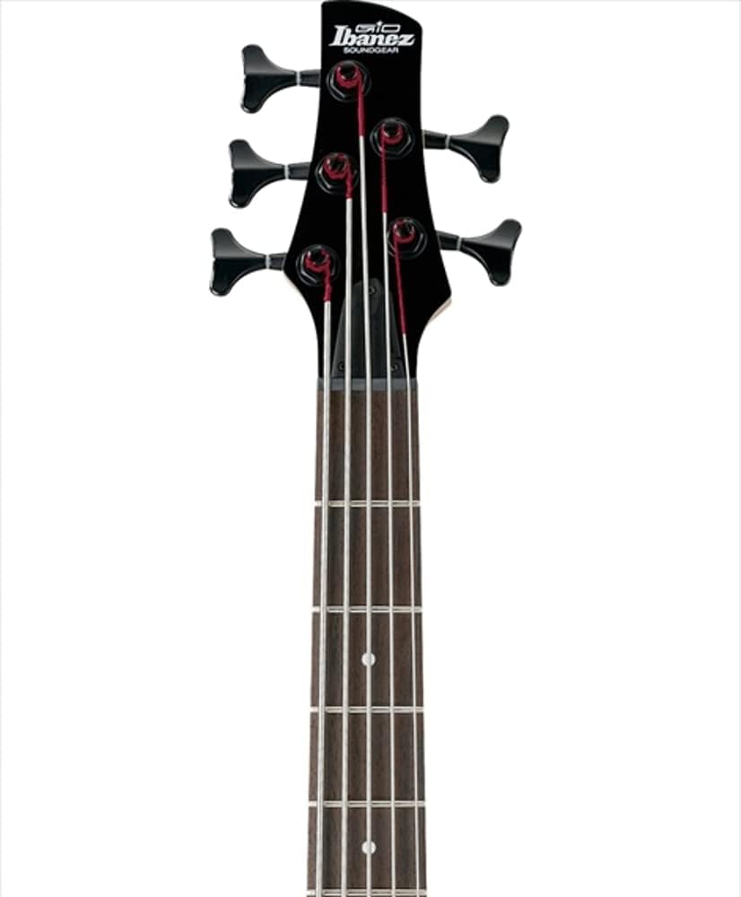 Headstock do contrabaixo Ibanez GSR205BWNF GIO com 5 tarraxas pretas e logotipo Ibanez GIO branco