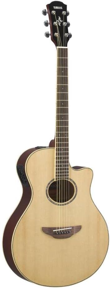 Violão eletroacústico Yamaha APX 600 natural com cordas em aço, corte cutaway e painel eletrônico.