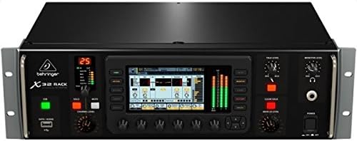 Mesa de som digital Behringer X32 RACK com tela colorida e controles múltiplos, acabamento preto em rack.