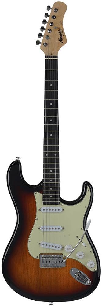 Guitarra elétrica Memphis MG-30 com corpo basswood acabamento sunburst, três captadores single-coil e braço escuro com headstock natural.