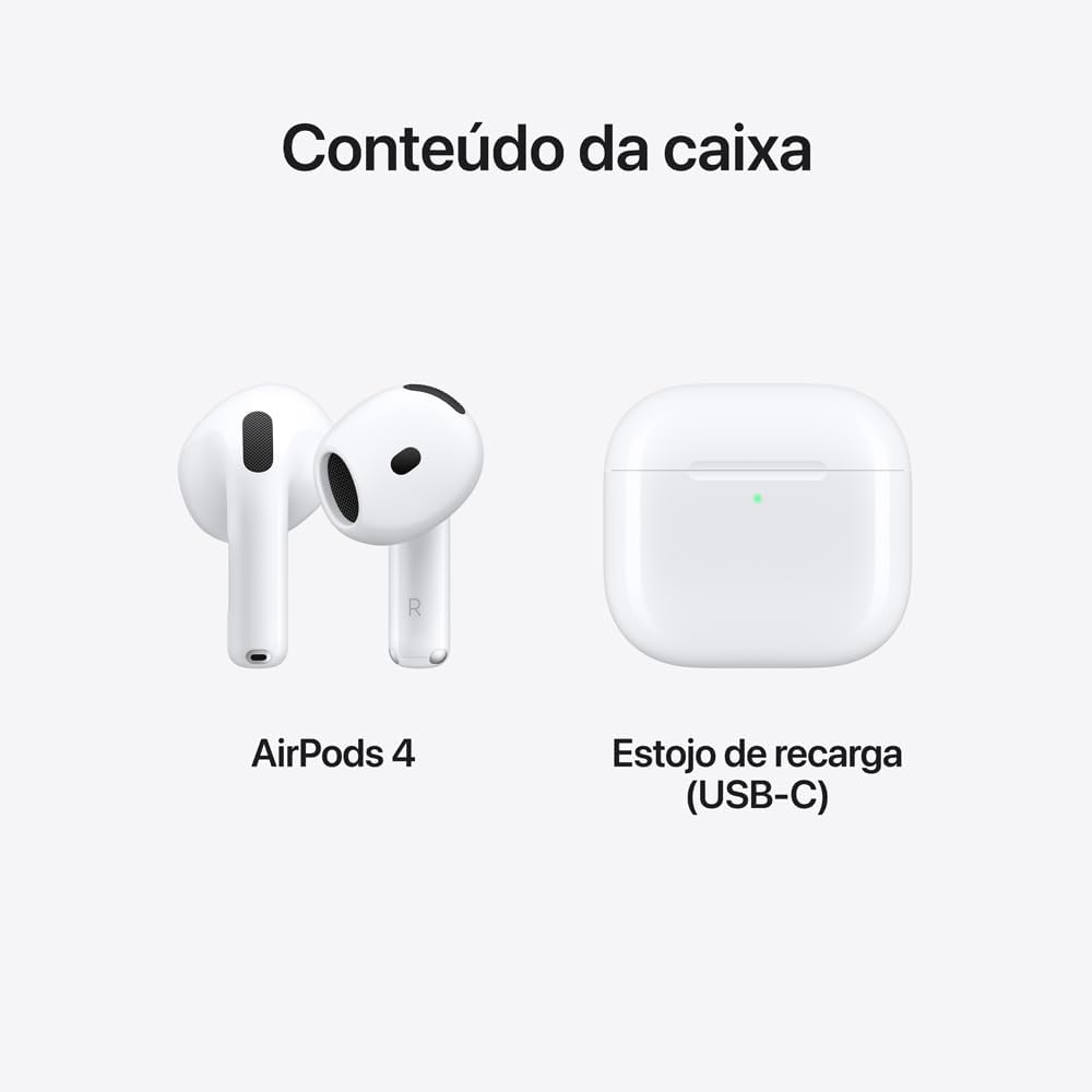 Conteúdo da caixa dos Apple AirPods 4 com fones e estojo de recarga USB-C branco.