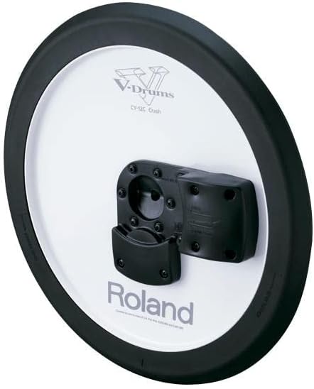 Verso do prato crash Roland CY-12C para bateria eletrônica com suporte de montagem e logotipos