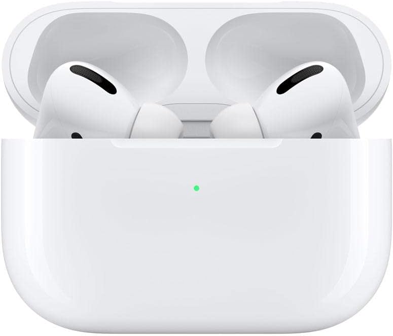 Caixa de carregamento aberta com Apple AirPods Pro 1ª geração brancos e luz de LED verde