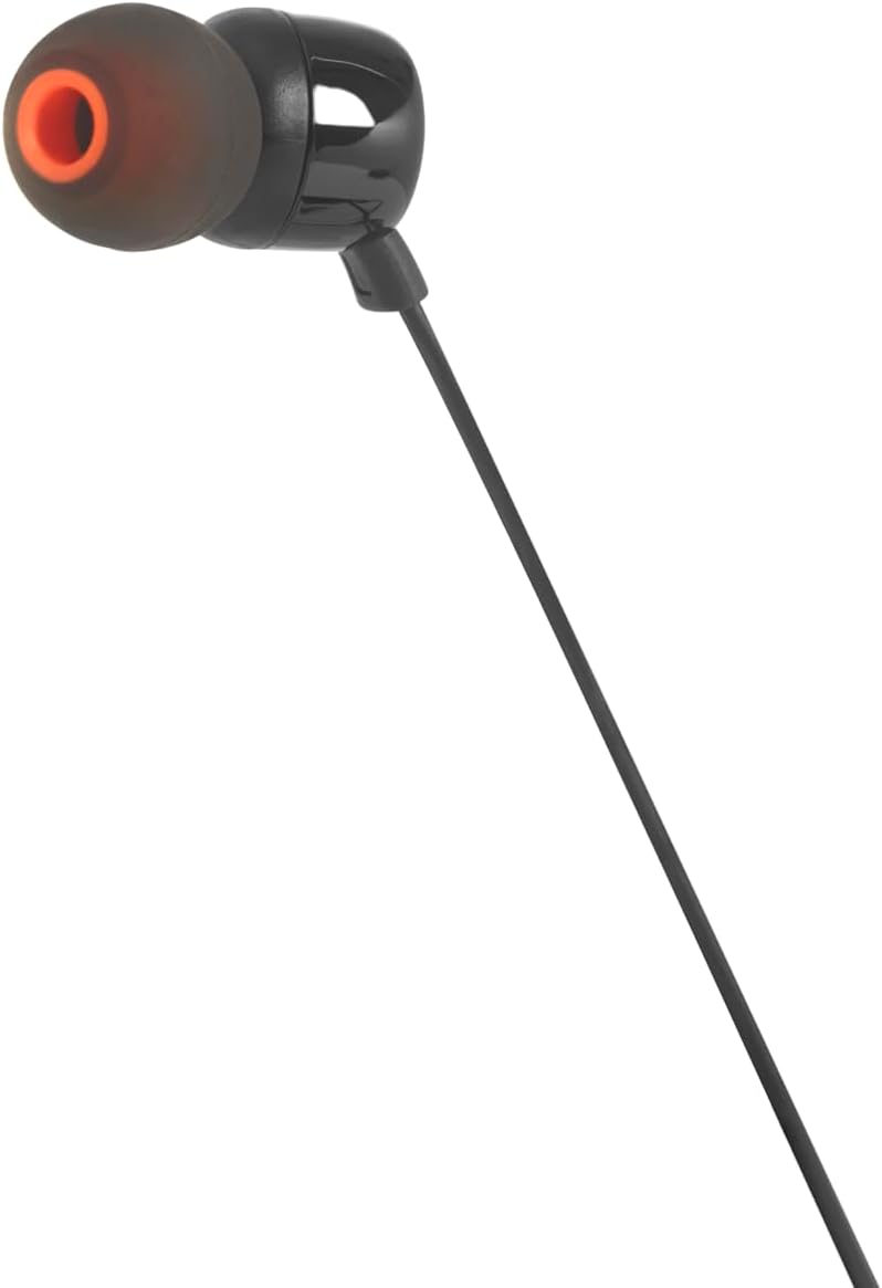 Fone de ouvido JBL T110 in-ear preto com ponteira de silicone laranja e cinza