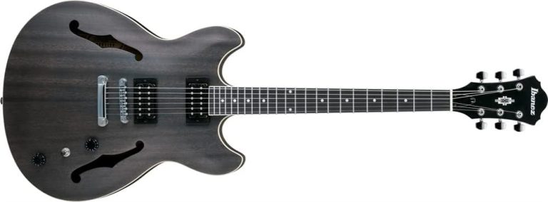 Guitarra semiacústica Ibanez AS53 TKF Transparent Black vista de frente com acabamento fosco e madeira visível