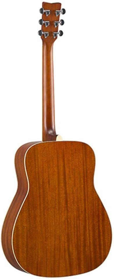 Traseira do violão Yamaha FG-TA Transacústico com corpo e braço em madeira marrom, acabamento brilhante e tarraxas cromadas.