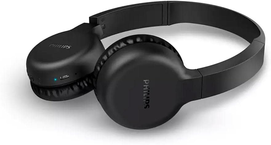 Headphone Philips TAH1205BK/00 preto com controles e porta USB-C lateral esquerda