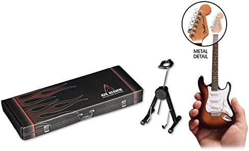 Mini guitarra AXE HEAVEN EVH003 marrom com detalhes realistas em escala pequena com suporte e caixa personalizada.