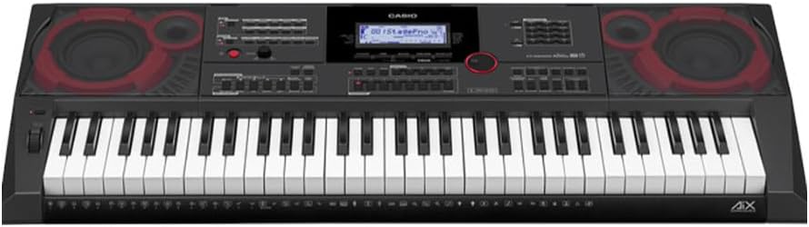 Teclado Casio CT-X5000 portátil com 61 teclas sensíveis ao toque e painel de controle multifunção com tela LCD azul.