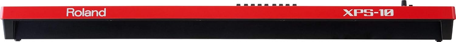 Vista lateral do teclado sintetizador vermelho Roland XPS-10-RD com logotipo.