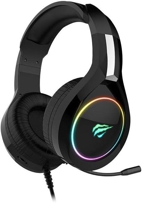 Fone de ouvido gamer Havit HV-H2232d preto com iluminação RGB e microfone em fundo branco