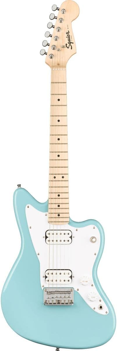 Guitarra elétrica Squier Mini Jazzmaster HH azul claro vista frontal com detalhes em branco e maple