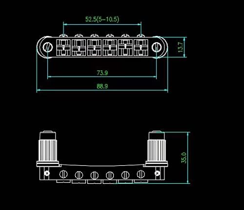 Desenho técnico com medidas da barra de parada Guyker Tune-O-Matic preta para guitarra