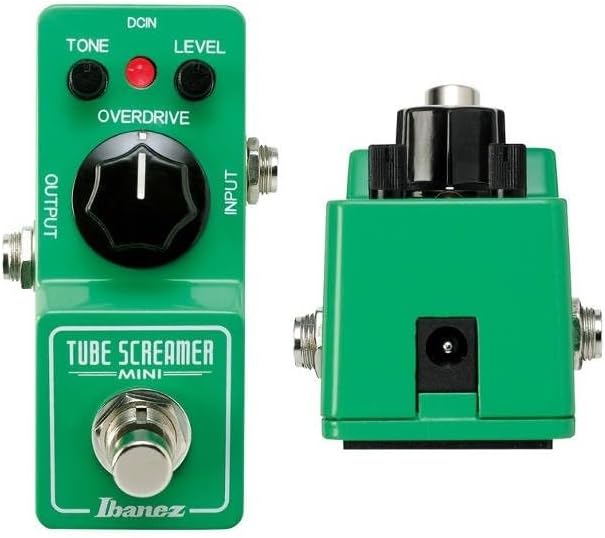 Pedal Ibanez Tube Screamer Mini verde, vista frontal e lateral, com botões Tone, Level, Overdrive e LED indicador.
