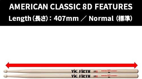 Baquetas Vic Firth American Classic 8D com comprimento de 407 mm indicado por régua vermelha.