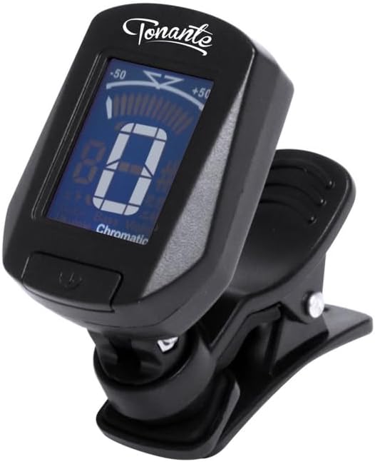 Afinador digital cromático Tonante AF10 preto com tela LCD azul e clip para instrumentos.