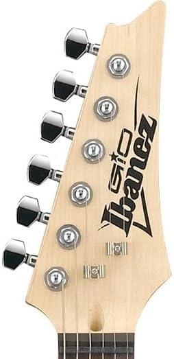 Cabeça da guitarra elétrica Ibanez Gio GRX40 com tarraxas cromadas e logo Ibanez.