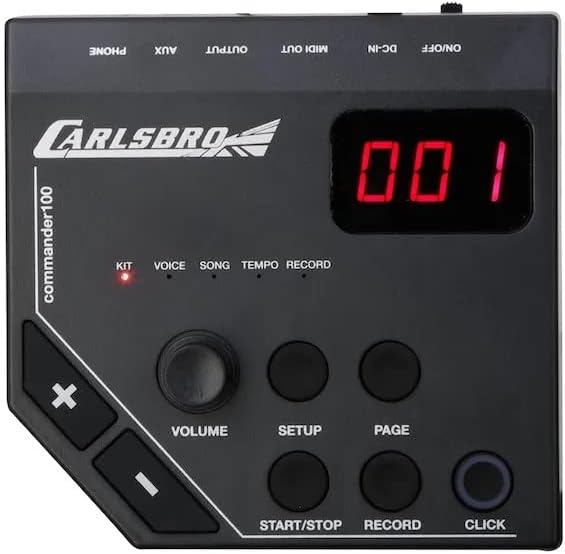Módulo controlador Carlsbro Commander 100 para bateria eletrônica com display digital e botões de controle.