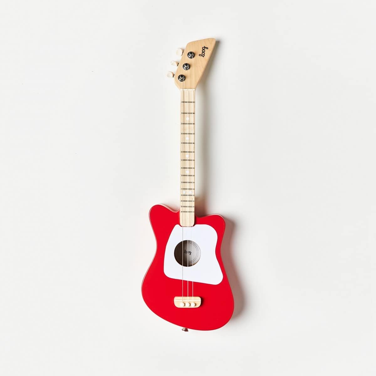 Loog Mini guitarra acústica infantil vermelha 3 cordas vista frontal com fundo branco