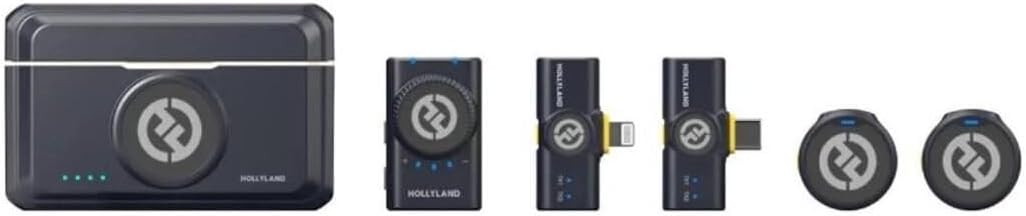 Componentes do sistema microfone lapela wireless Hollyland Lark M2 Combo com case, transmissores, receptores e microfones