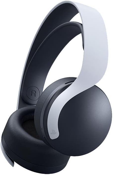 Sony Headset Pulse 3D Wireless para PlayStation 5 com design preto e branco, foco na concha direita