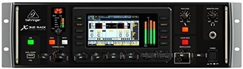 Mesa de som digital Behringer X32 RACK com tela colorida e controles, rack preto frontal.