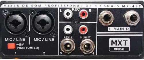 Detalhe das conexões da mesa de som profissional MXT MX-4BT com phantom power e entradas RCA