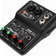 Placa de som profissional GMRGB Q-12 com entradas para microfone, phantom 48V e controles de volume coloridos