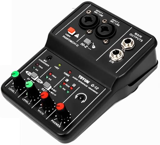 Placa de som profissional GMRGB Q-12 com entradas para microfone, phantom 48V e controles de volume coloridos
