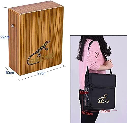 Dimensões do cajon GECKO de madeira e bolsa preta para transporte
