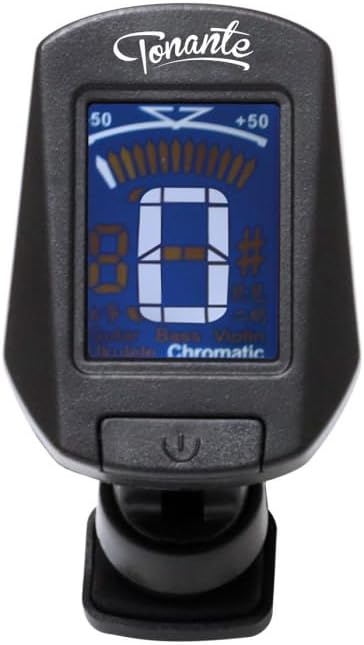 Afinador digital cromático Tonante AF10 preto com visor LCD azul e clip de fixação.