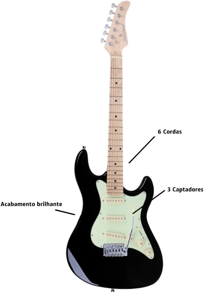 Guitarra elétrica Strinberg Strato STS-100 preta brilhante com 6 cordas e 3 captadores.