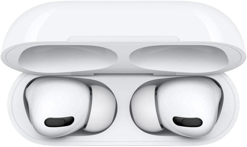 Caixa de carregamento aberta mostrando fones Apple AirPods Pro 1ª geração brancos
