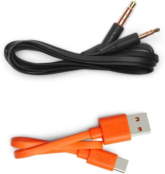 Cabos do fone JBL Tune 710BT, cabo de áudio preto e cabo USB-C laranja
