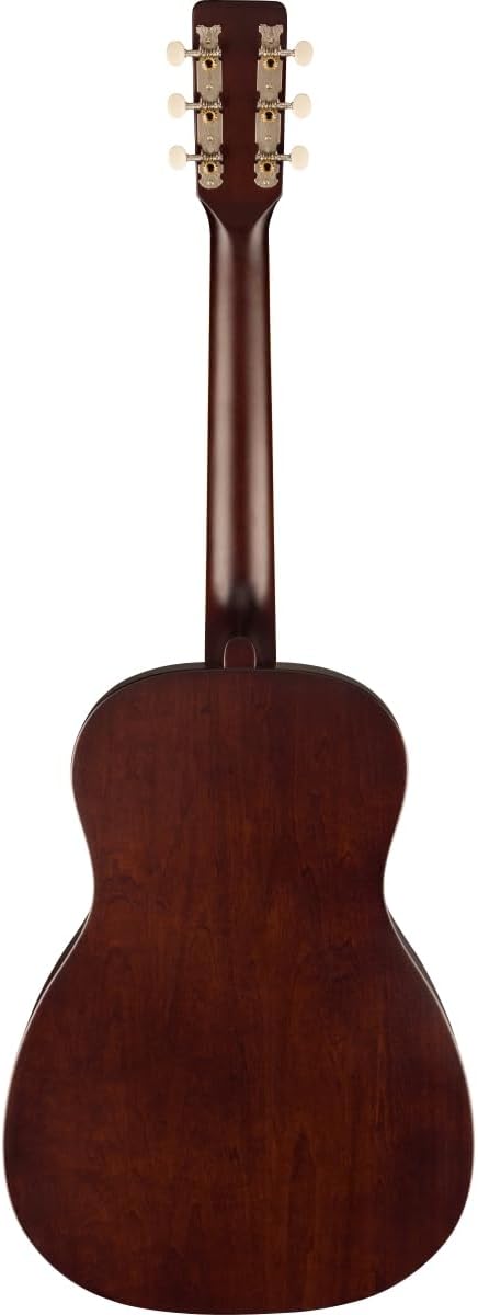 Traseira do violão acústico Gretsch Jim Dandy Parlor com braço e corpo em madeira escura acabamento acetinado.